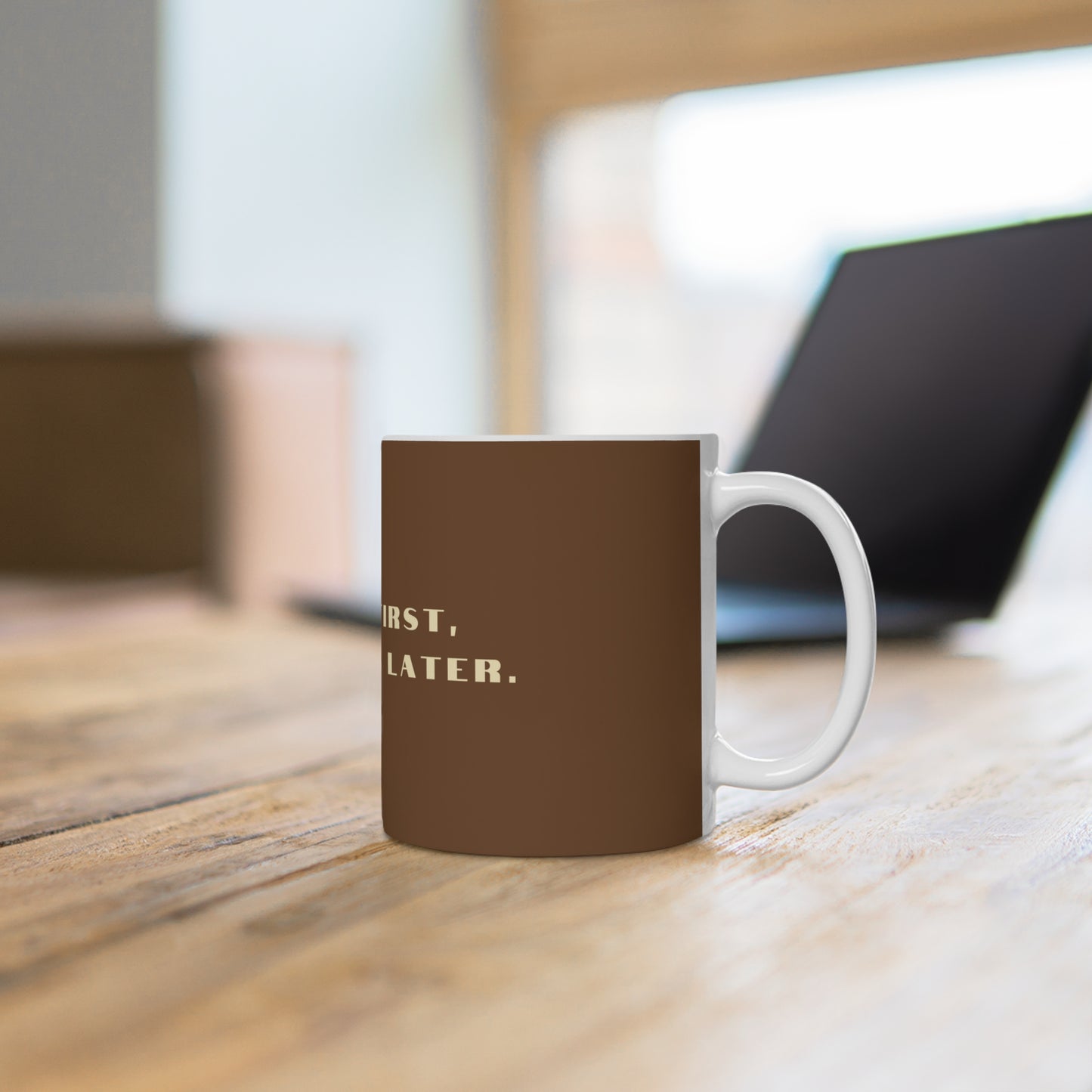 Coffee First, Questions Later Ceramic Mug - Brown